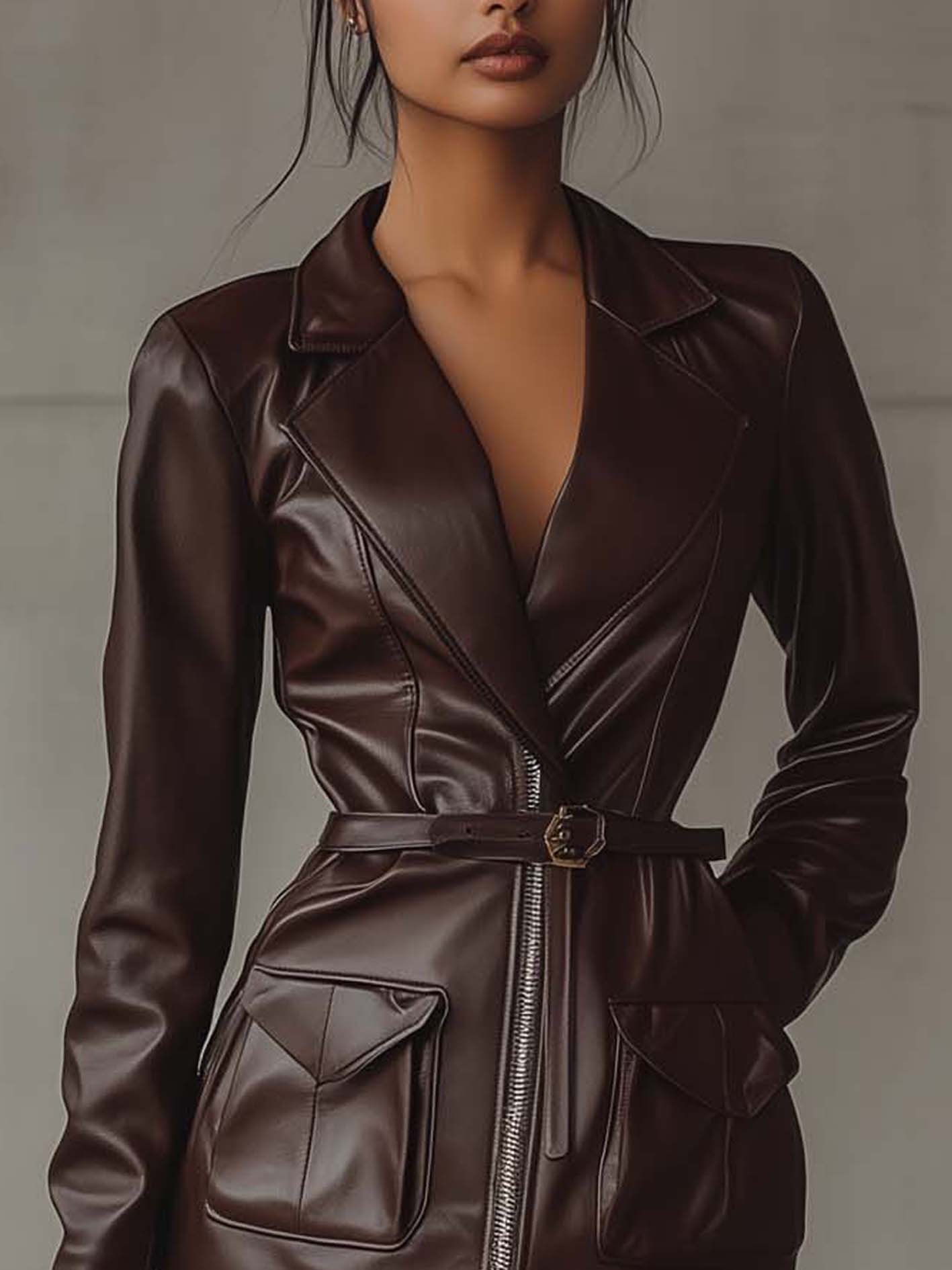 Brown Faux Leather Mini Dress With Zipper Detail And Belt