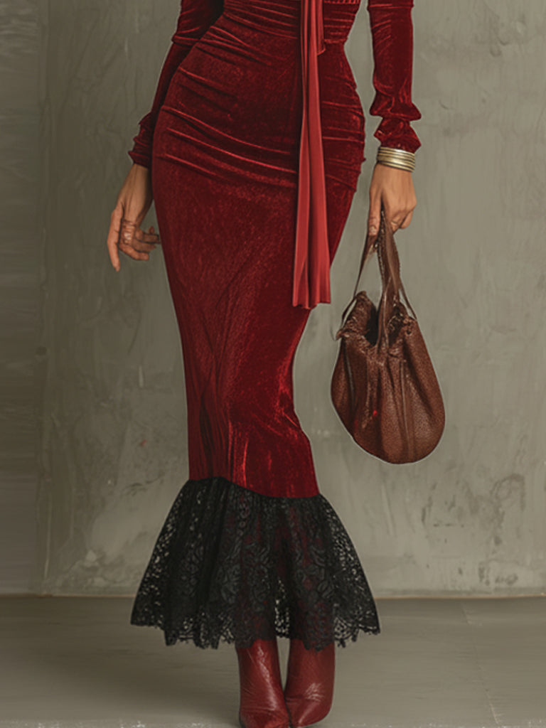 Red Velvet Deep V-Neck Mermaid Maxi Dress With Lace Skirt