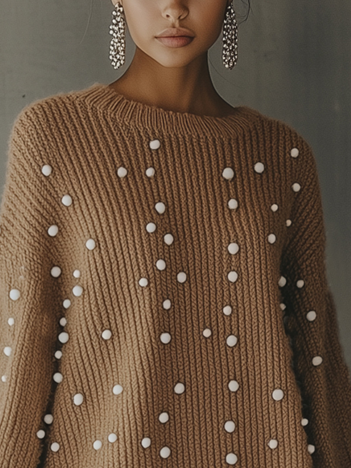 Brown Beaded Fringed Hem Knit Mini Dress
