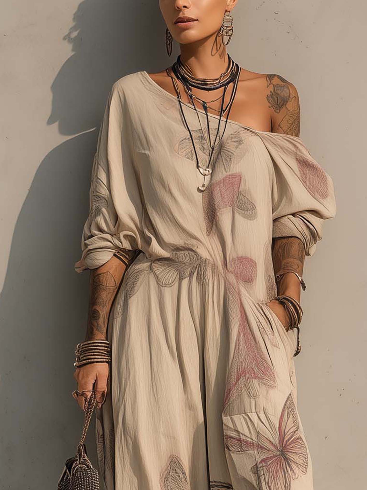 Oatmeal Linen Cotton One Shoulder Butterfly Print Jumpsuit