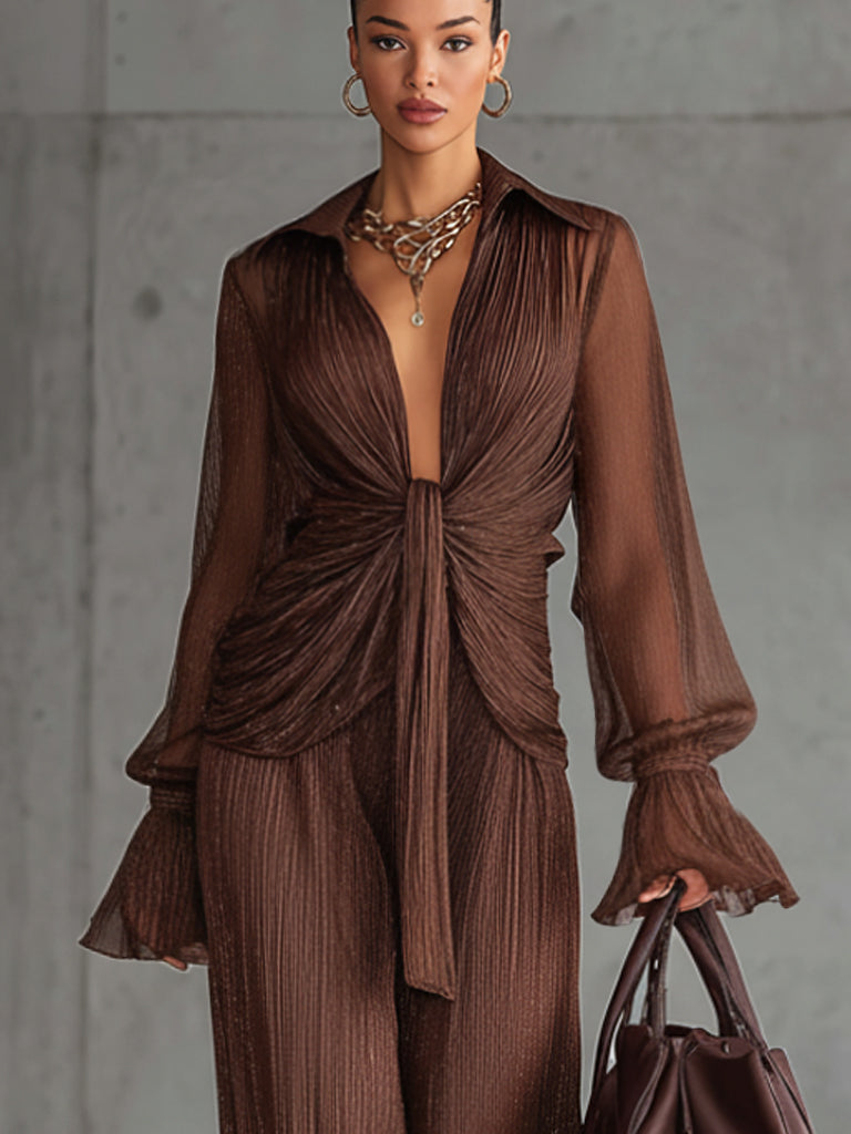 Coffee Ruched Shimmer Tie Front Top And Wide Leg Pants Set