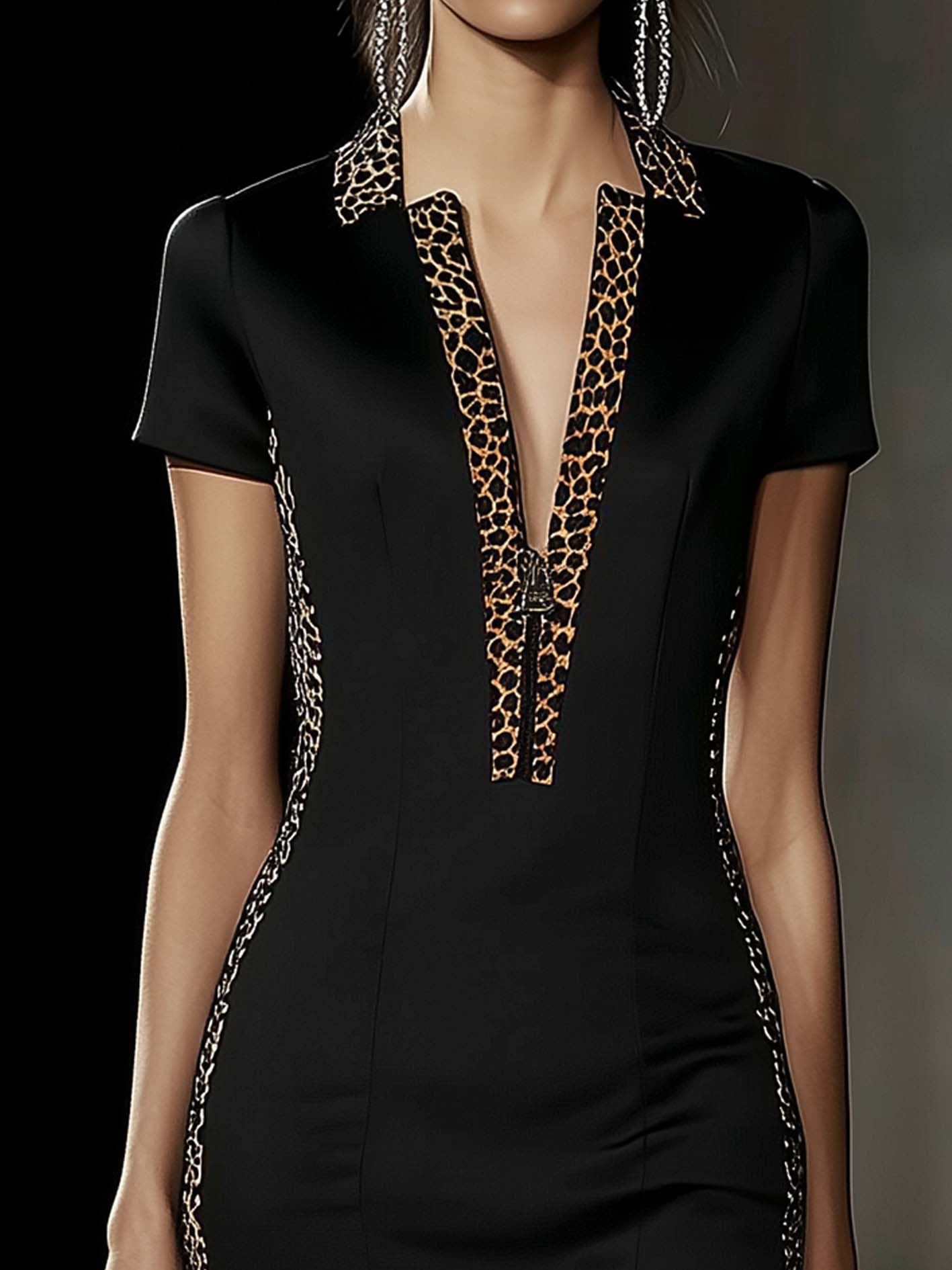 Black Satin Midi Bodycon Dress With Zipper And Leopard Print Trim