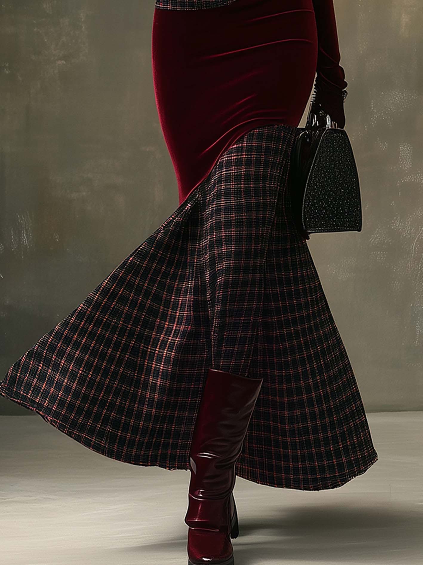 Burgundy Velvet Bodycon Dress With Patchwork Plaid