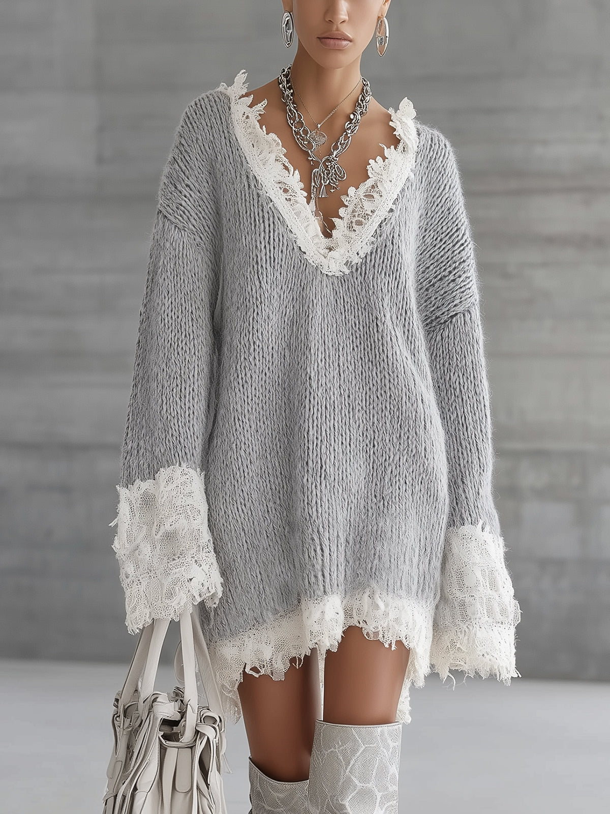 Soft Gray Knit Lace Trim Oversized Sweater Dress