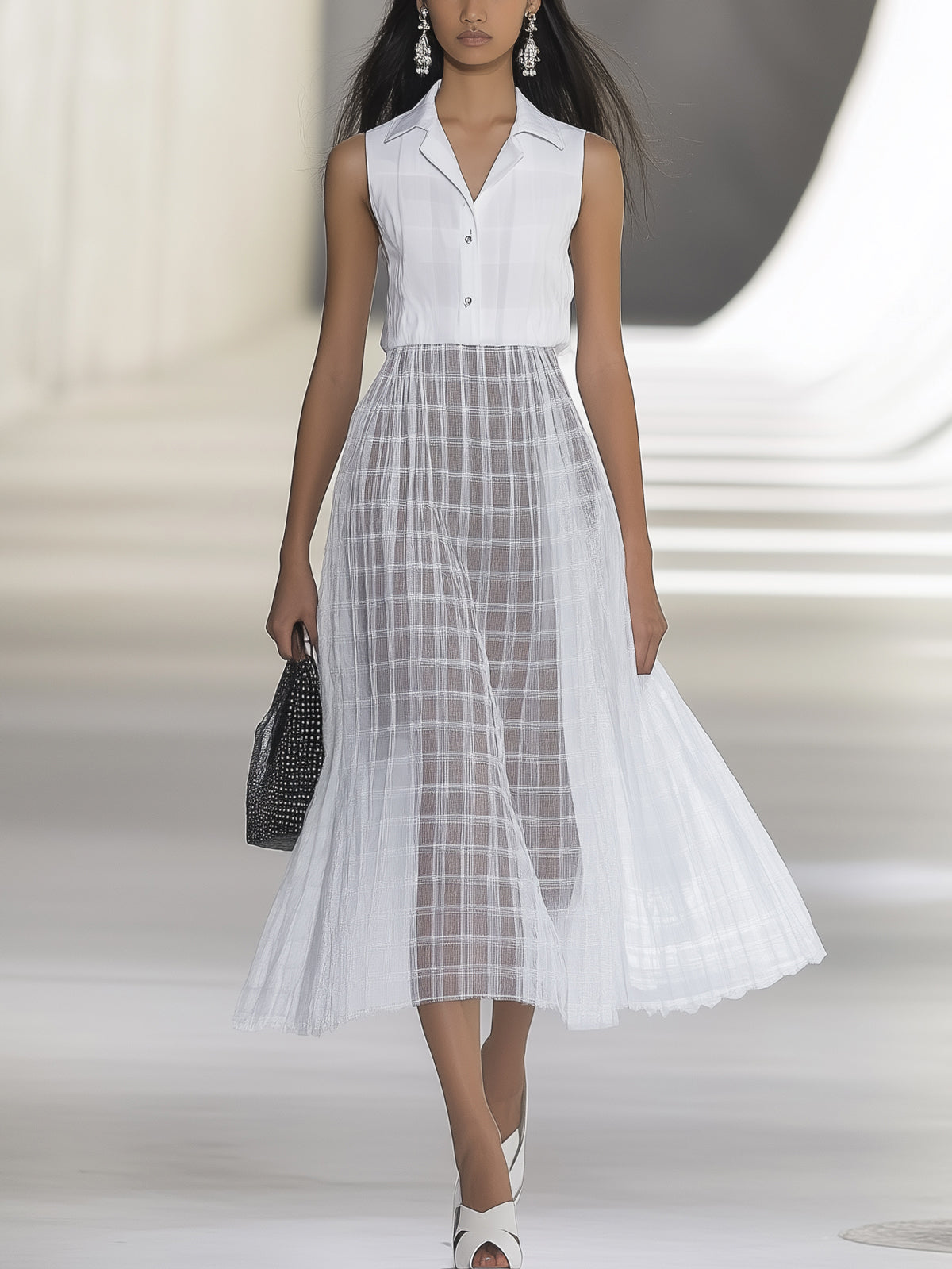 White Plaid Sheer Flowy A Line Collared Sleeveless Midi Dress