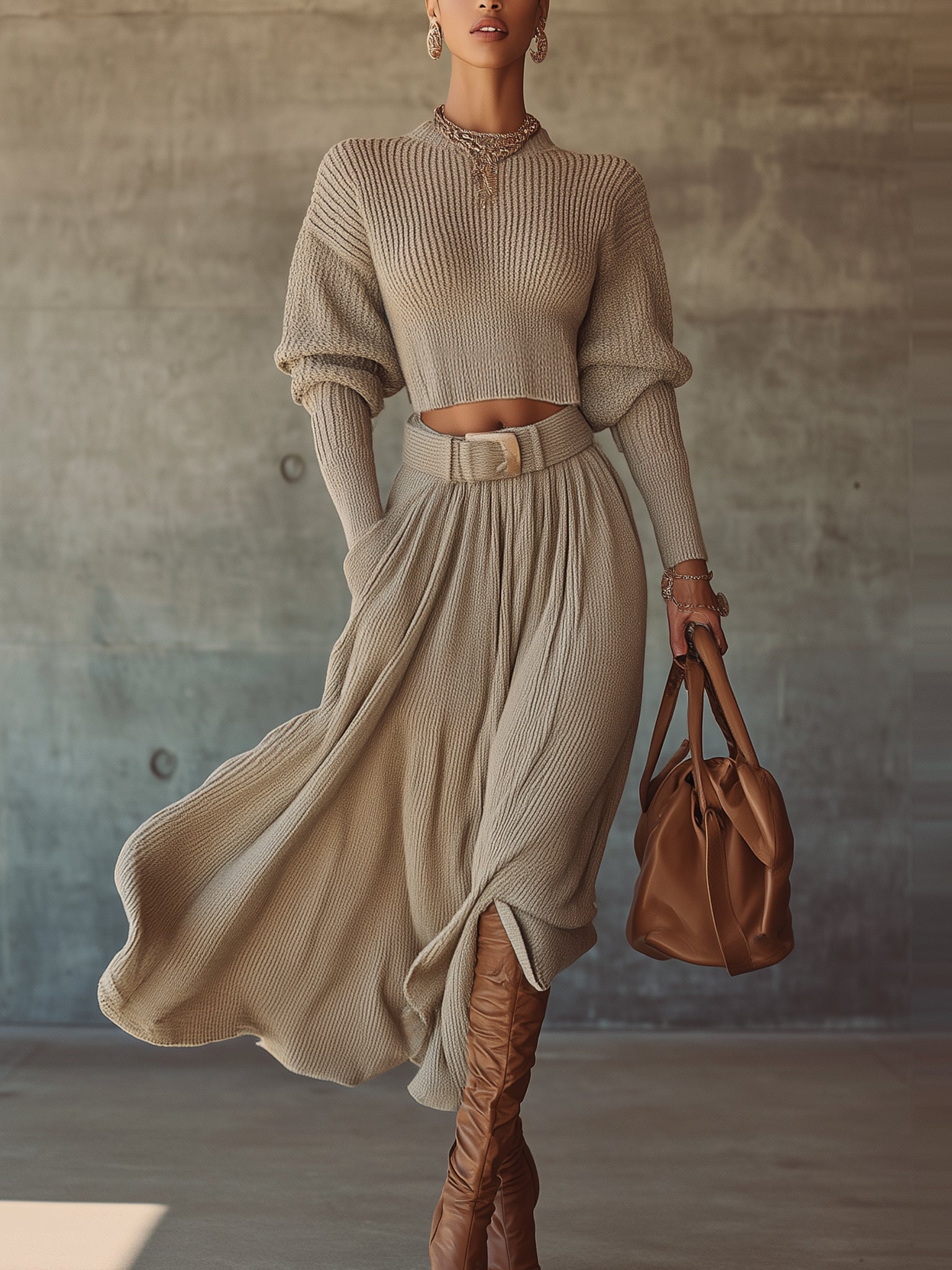 Elegant Beige Knit Puff-Sleeve Top And Tie Waisted Maxi Skirt Set