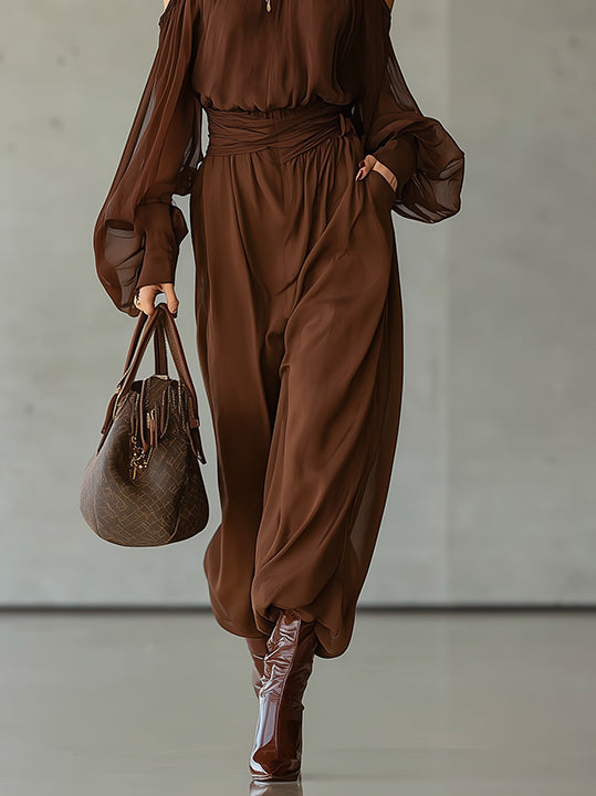 Brown Chiffon Shirt With High Neck And Cold-Shoulder Balloon Sleeves