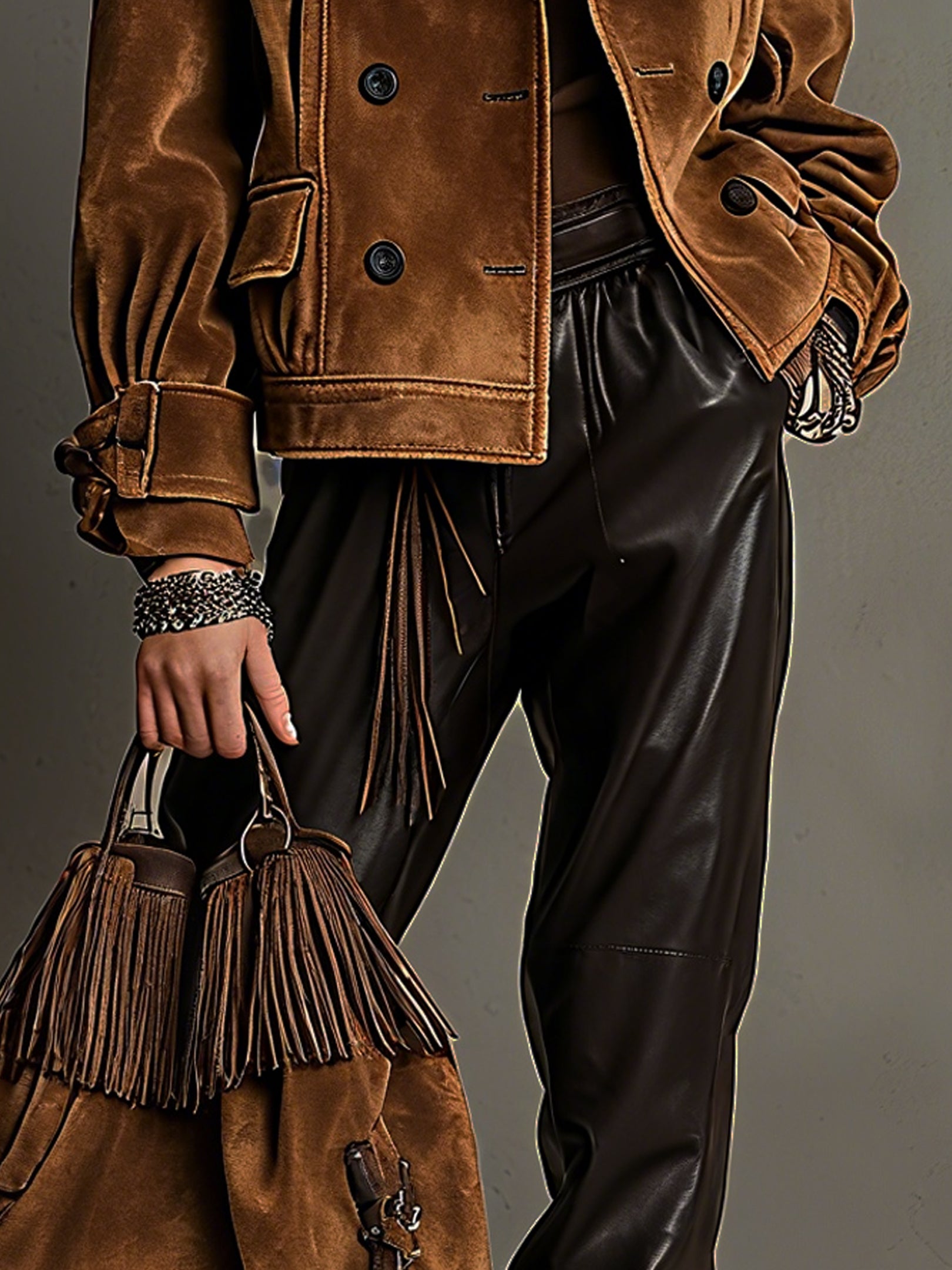 Brown Velvet Double Breasted Long Sleeve Jacket