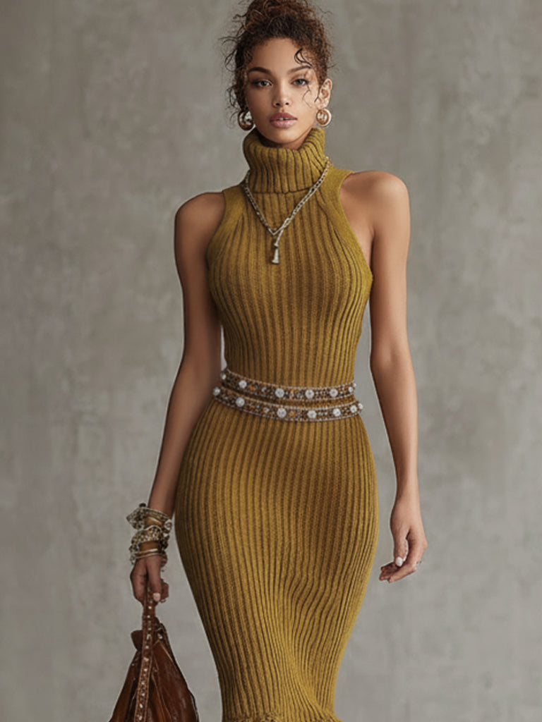 Mustard Sleeveless High Neck Knit Bodycon Dress With Lace Hem