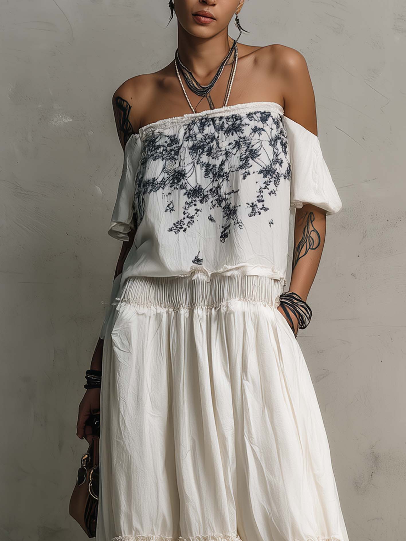 White Cotton Linen Maxi Dress With Vintage Blue Embroidery And Patchwork