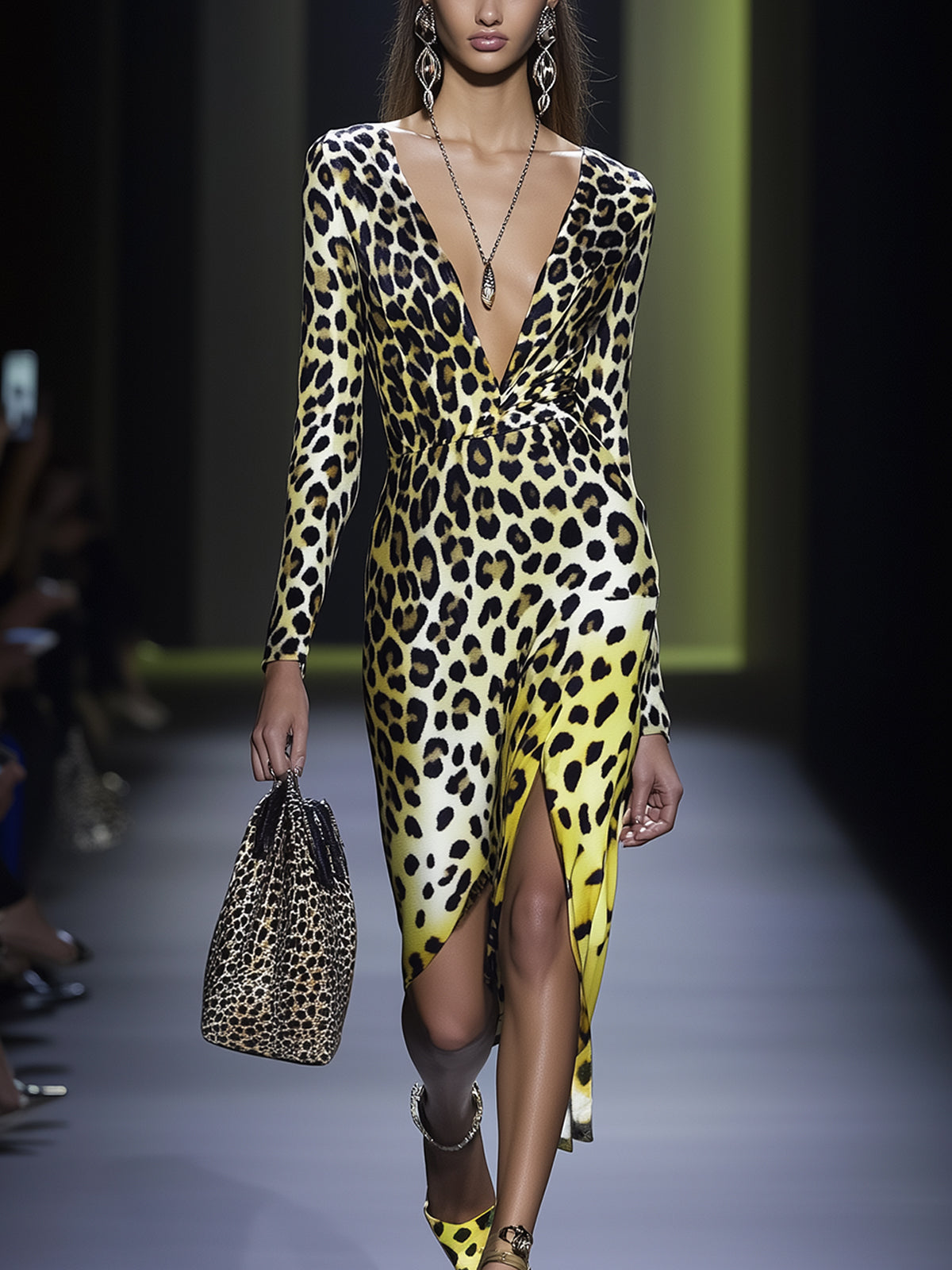 Yellow Gradient Leopard Deep V-Neck Wrap Bodycon Dress