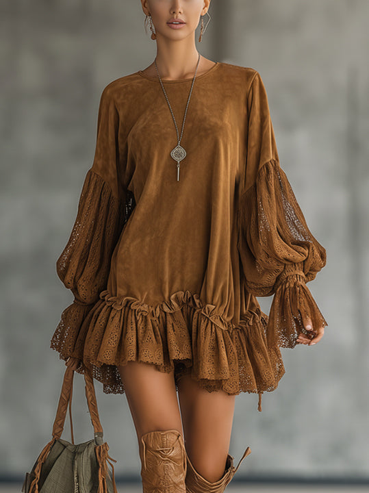 Brown Faux Suede Mini Dress With Lace Puff Sleeves And Ruffled Hem