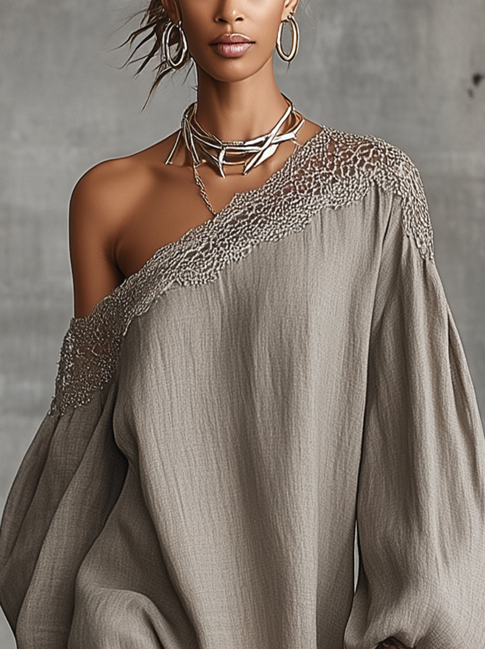 Gray Off-Shoulder Long Sleeve Lace Trim Mini Dress