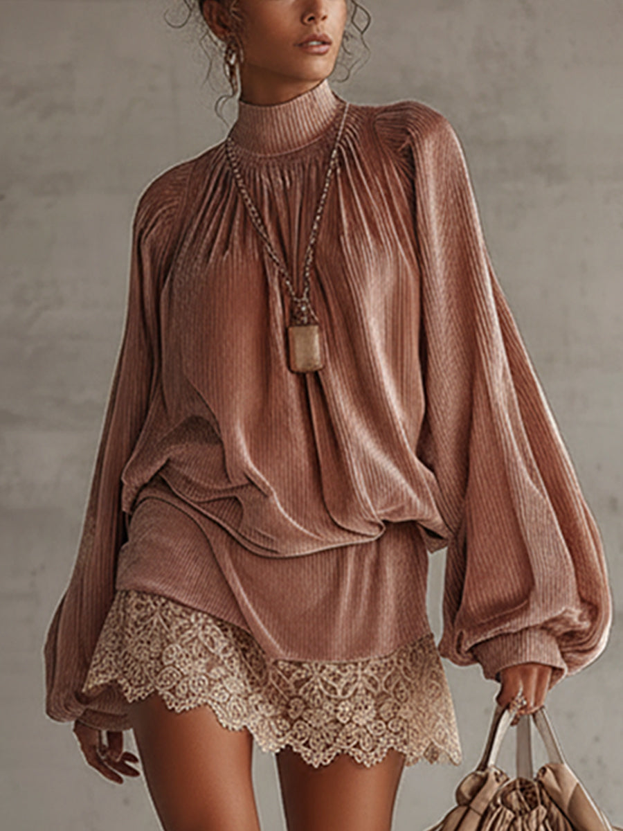 Light Pink High Neck Long Sleeve Velvet Mini Dress With Lace Hem