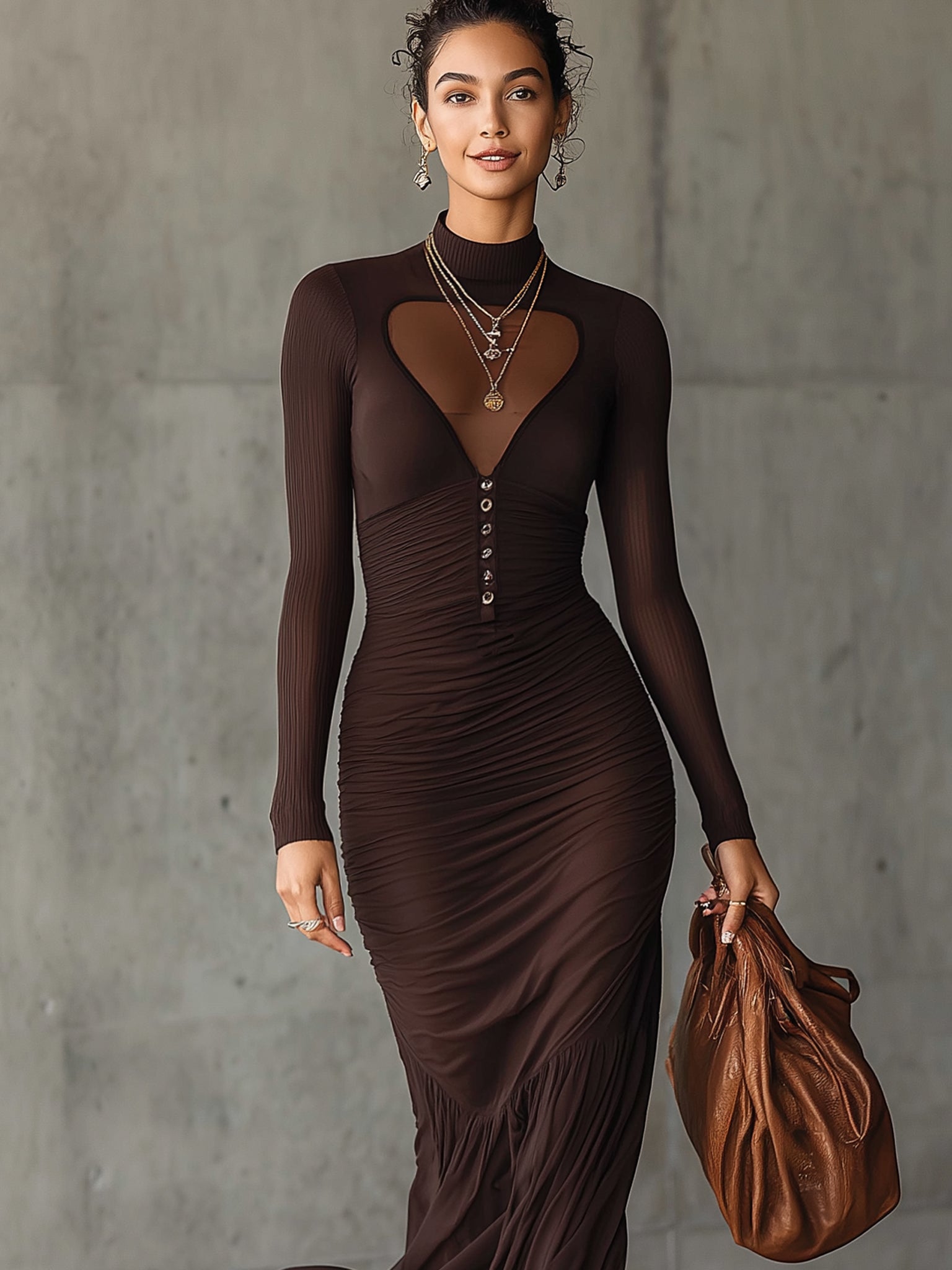 Chocolate Knit Bodycon Mermaid Dress With Chiffon Hem