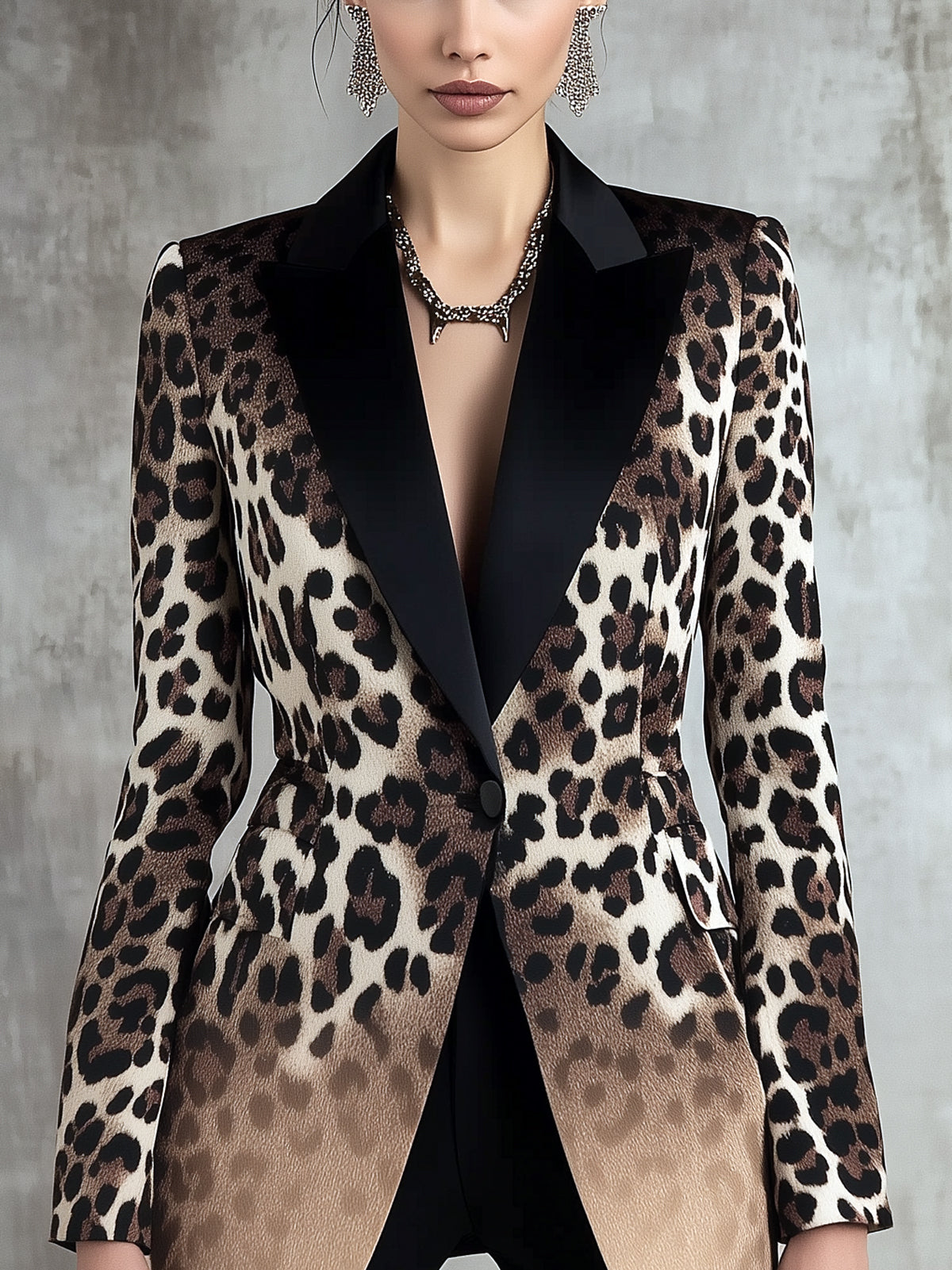 Brown Ombre Leopard Print Slim Fit Lapel Long Sleeve Hip Length Blazer