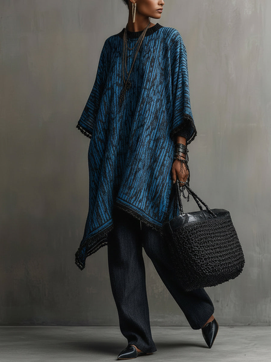 Blue Knitted Loos Fit Midi Dress With Three Quarter Sleeves