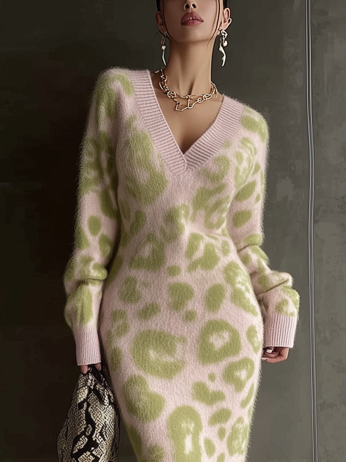 Pink Leopard Print Fuzzy Knit Bodycon V-Neck Long Sleeve Midi Dress