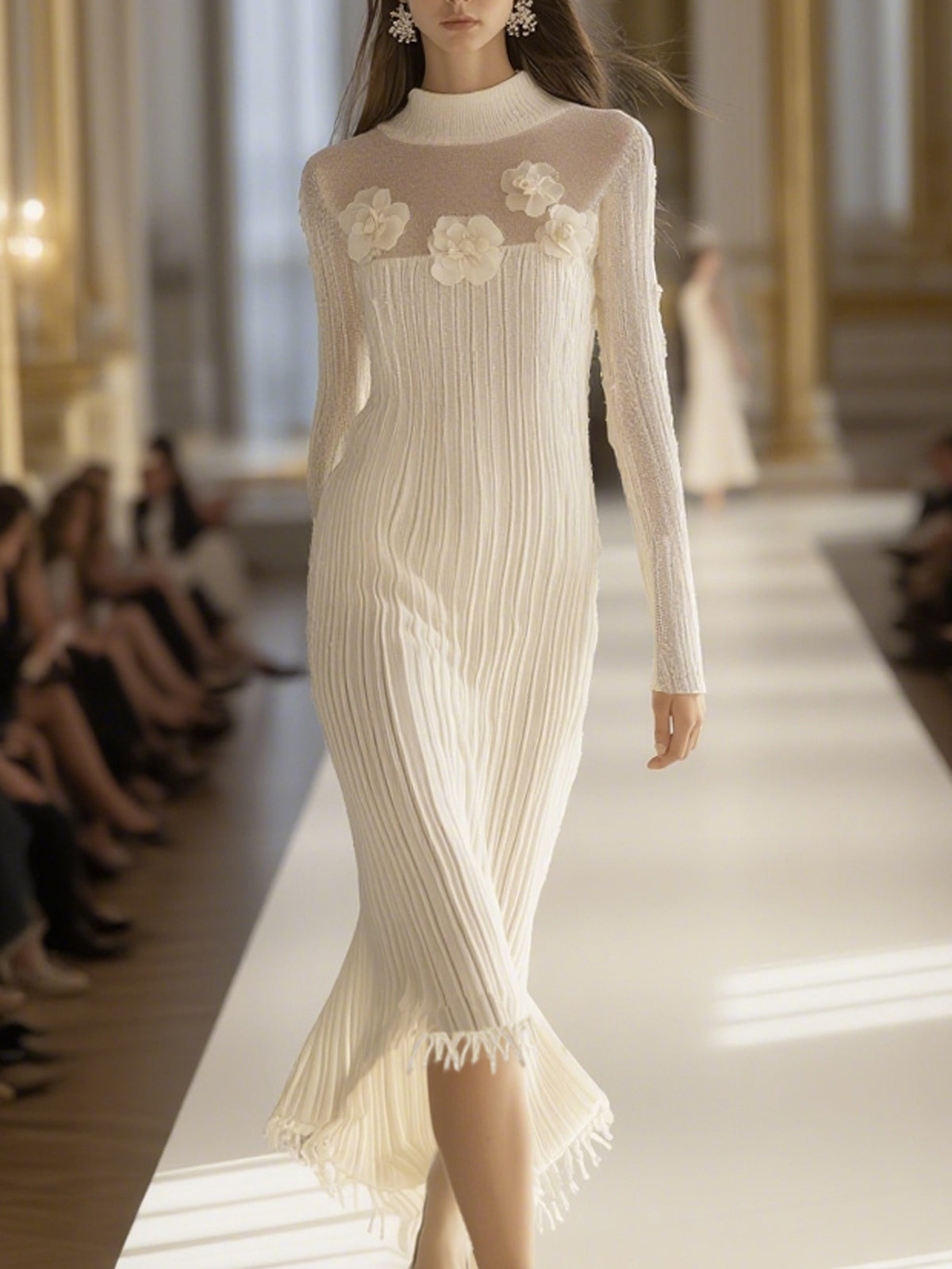 Ivory Sheer Knit 3D Floral Appliqué Mock Neck Long Sleeve Midi Dress