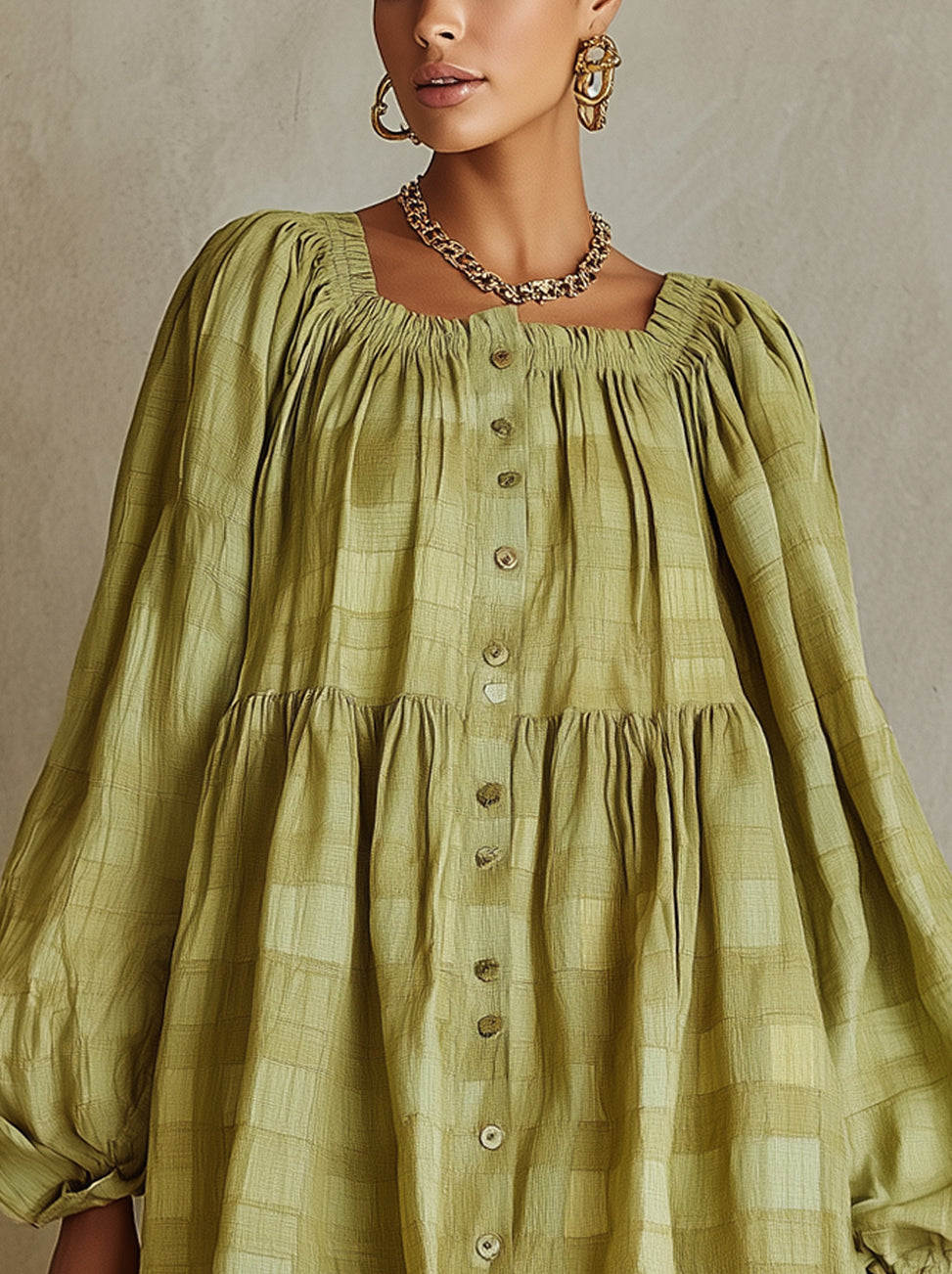 Green Puff-Sleeve Button-Down Mini Dress