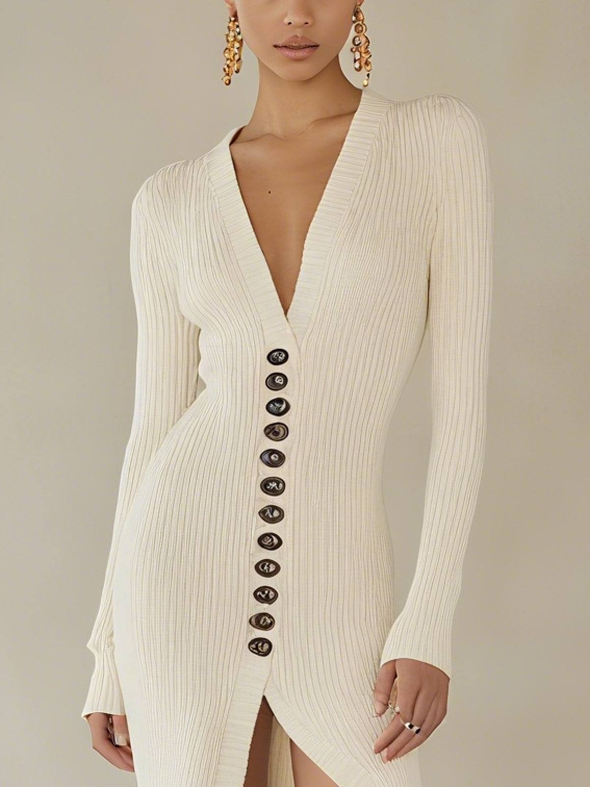 Ivory Ribbed Knit Button Front Deep V-Neck Long Sleeve Maxi Dress