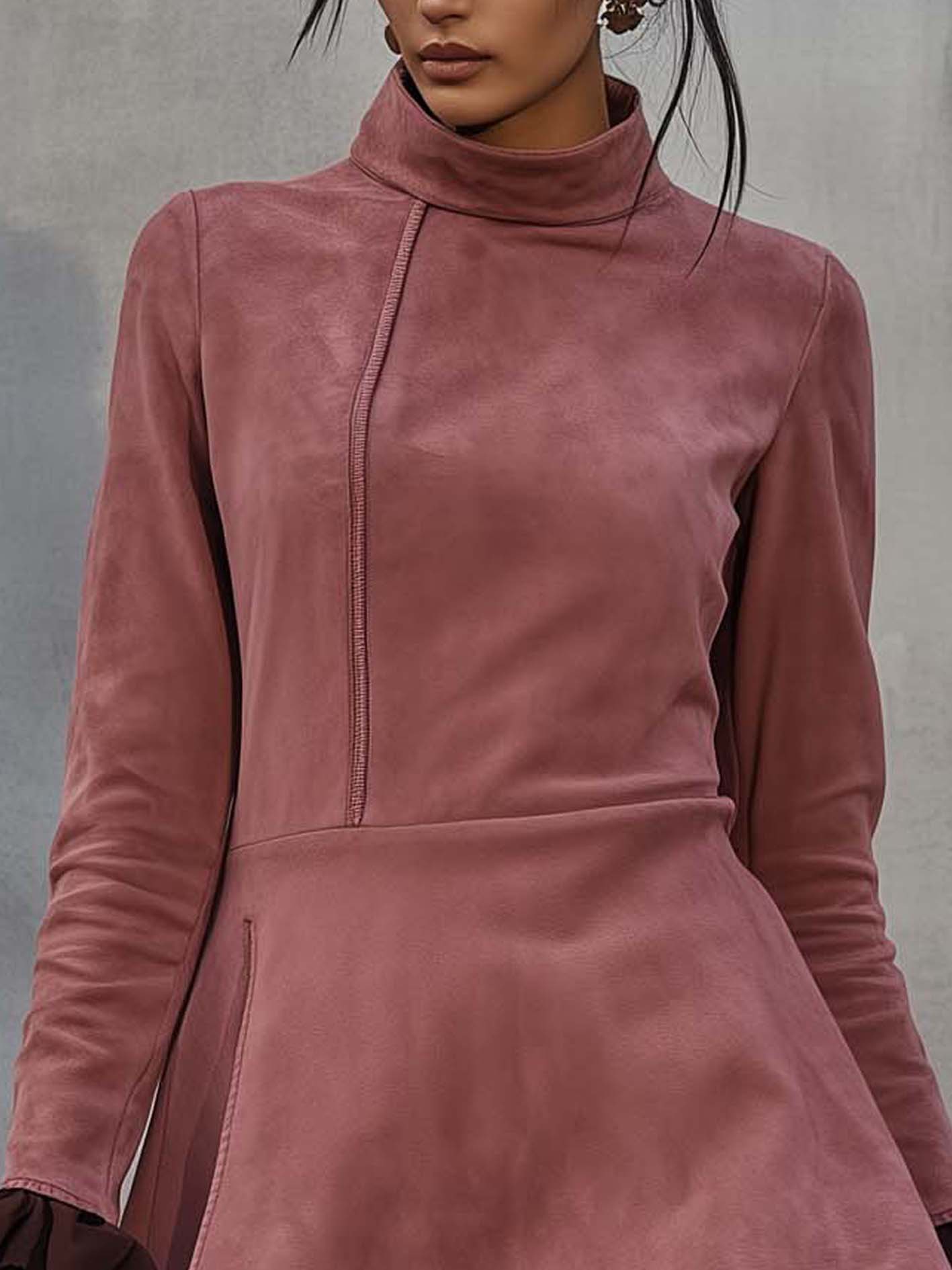Rose Pink Faux Suede Mini Dress With Brown Ruffles