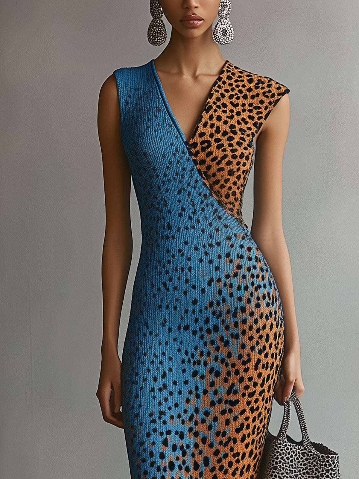 Colorblock Leopard Print V-Neck Midi Dress