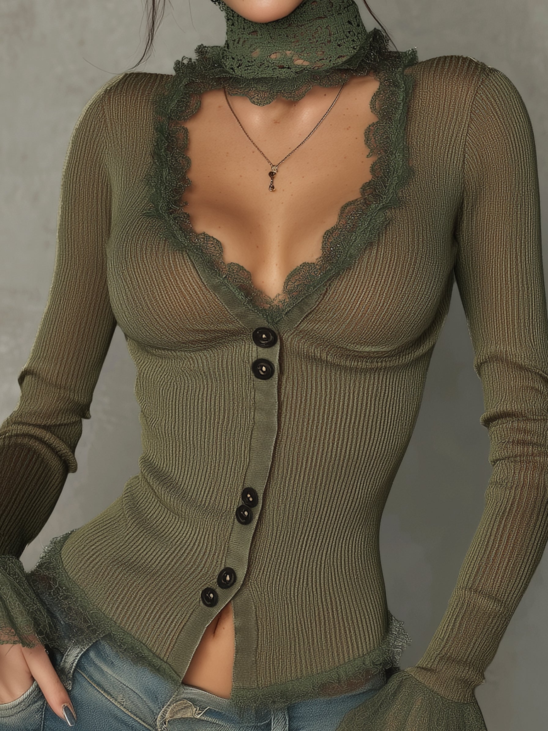 Olive Sheer Lace Knit Long Sleeve Top