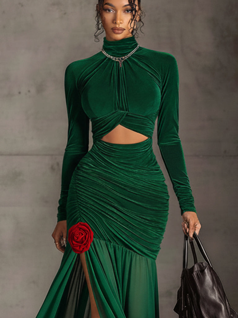 Green Velvet Chiffon Dress With Removable Red Rose
