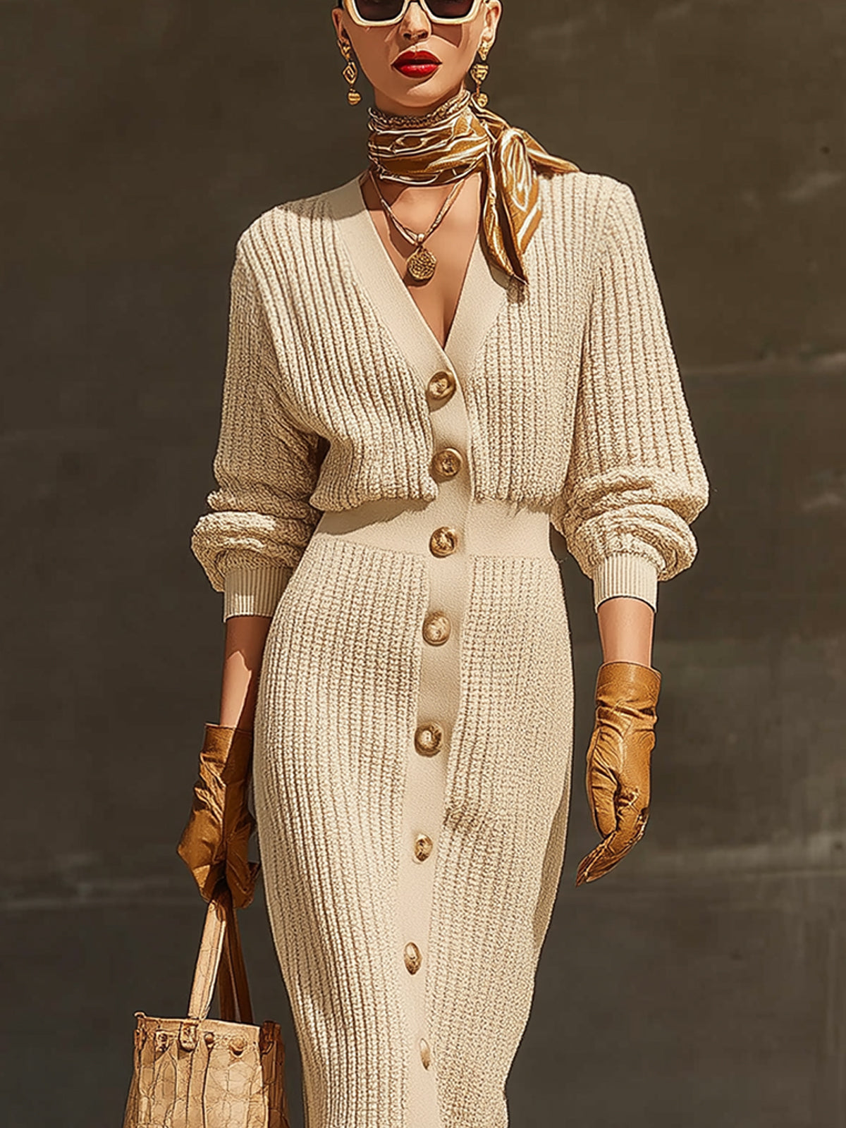 Beige Elegant Ribbed Knit Midi Dress With Button Accents
