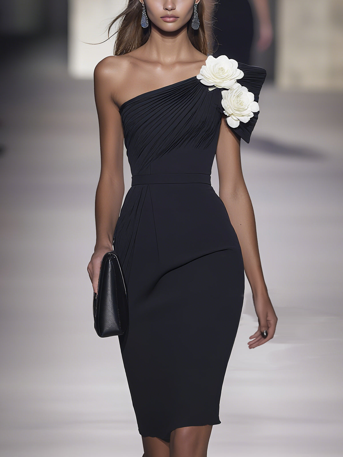 One Shoulder 3D Rose Pleated Midi Dress
