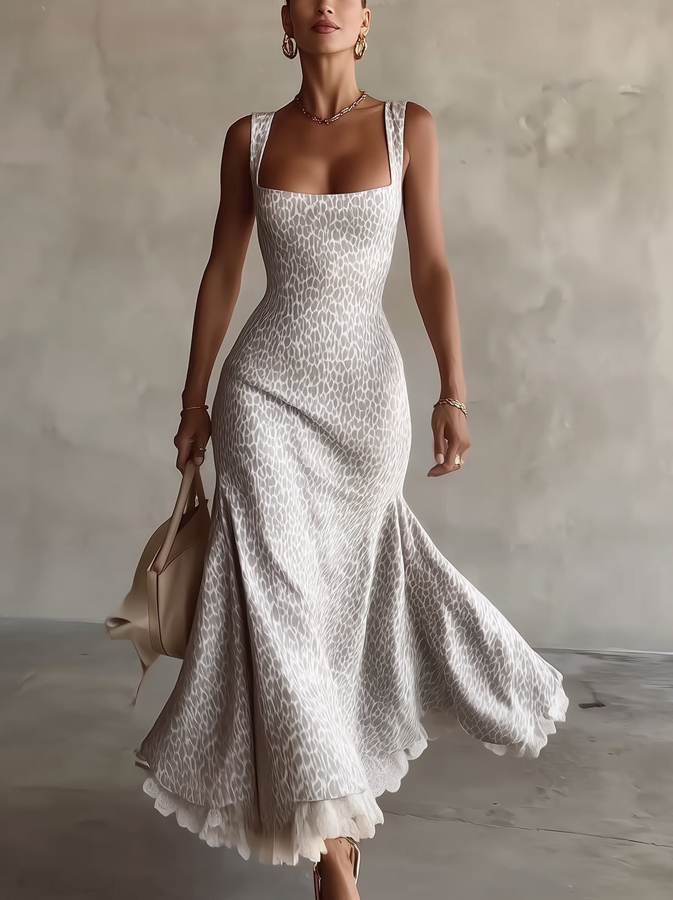 Ivory Square-Neck Jacquard Flare Midi Dress