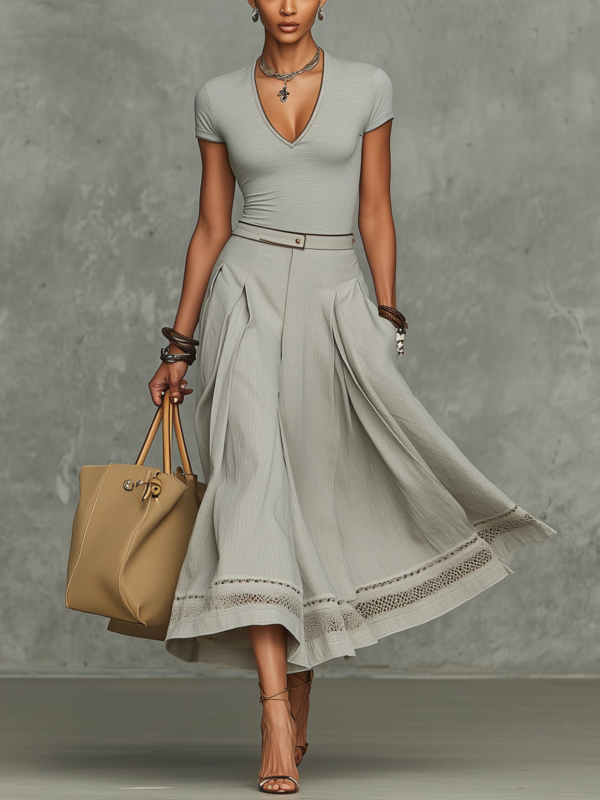 Gray V-Neck T-shirts And Midi Skirt Set