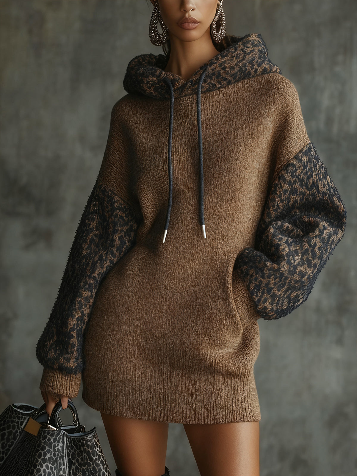 Brown Knitted Leopard Sleeve Hoodie Mini Dress