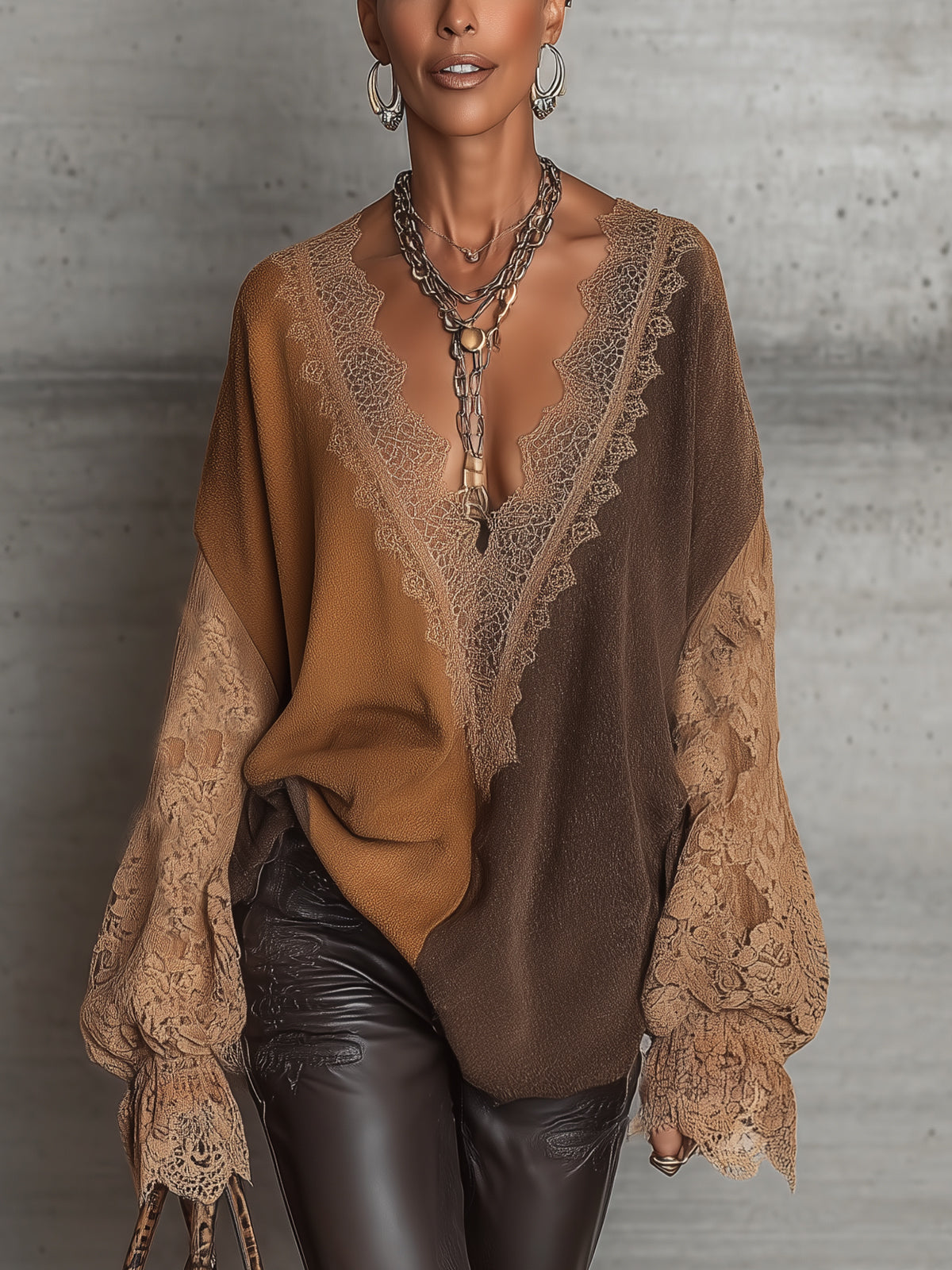 Brown Lace Trim V-Neck Sweater With Lace Sleeves