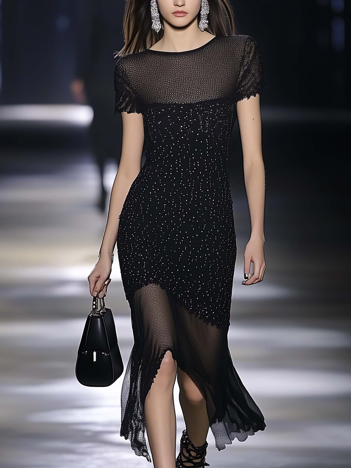 Black Polka Dot Midi Bodycon Dress With Mesh Stitching