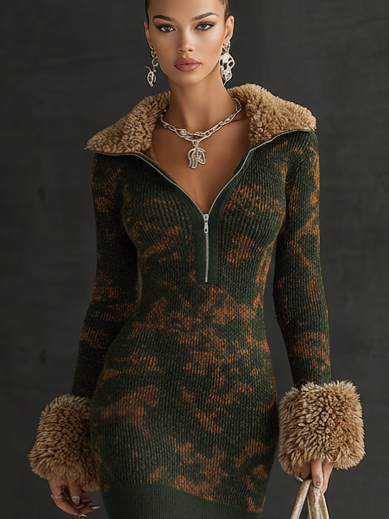 Forest Green Camouflage Knit Zip Up Mini Dress With Faux Fur Trim