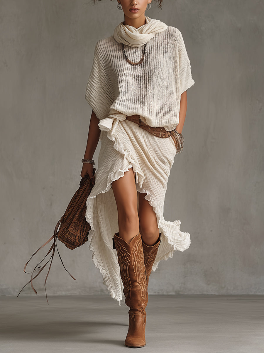 Cream Knit Loose Top And Pleated Skirt Set