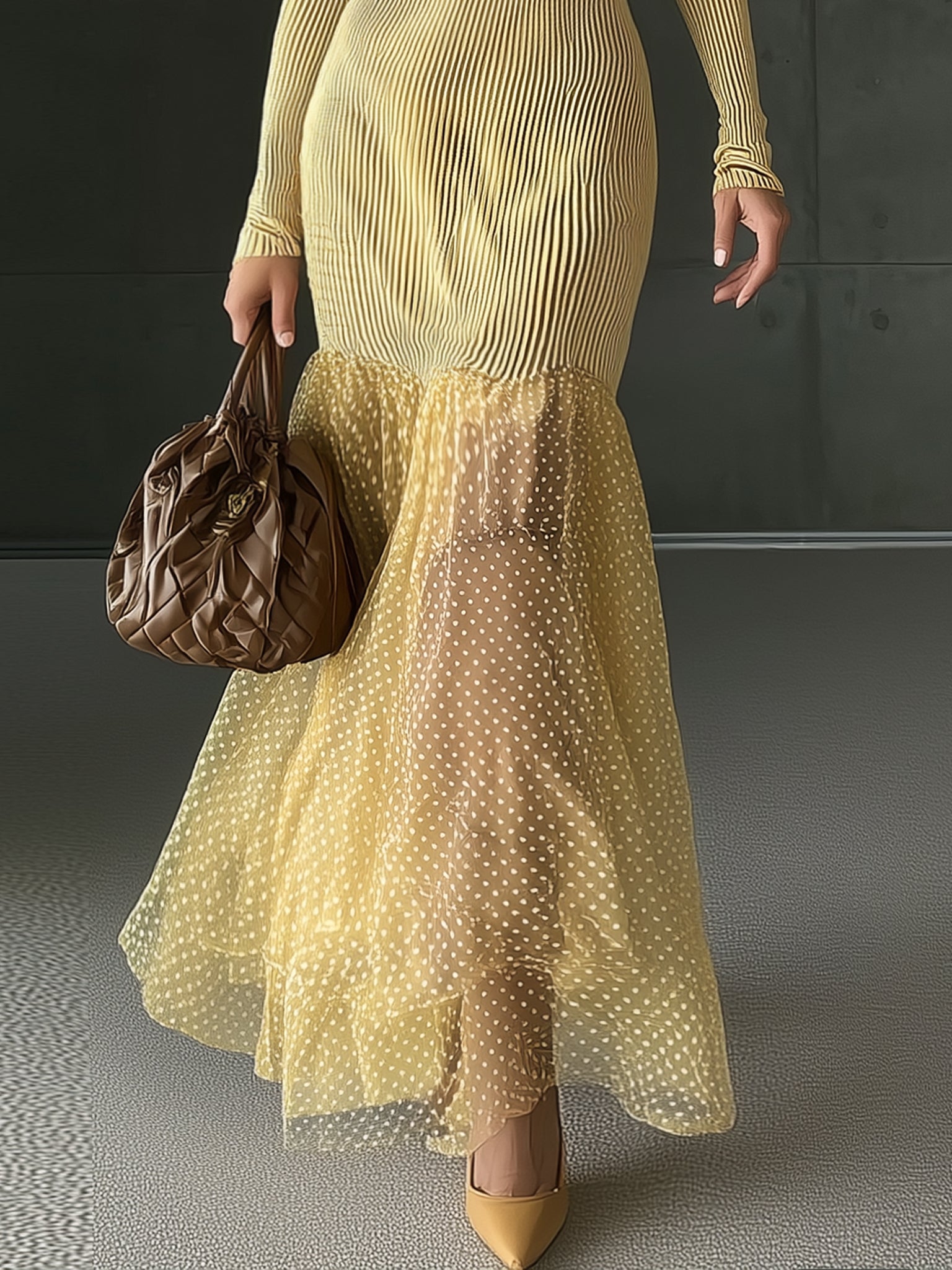 Yellow Knitted Patchwork Chiffon Polka Dot Maxi Dress
