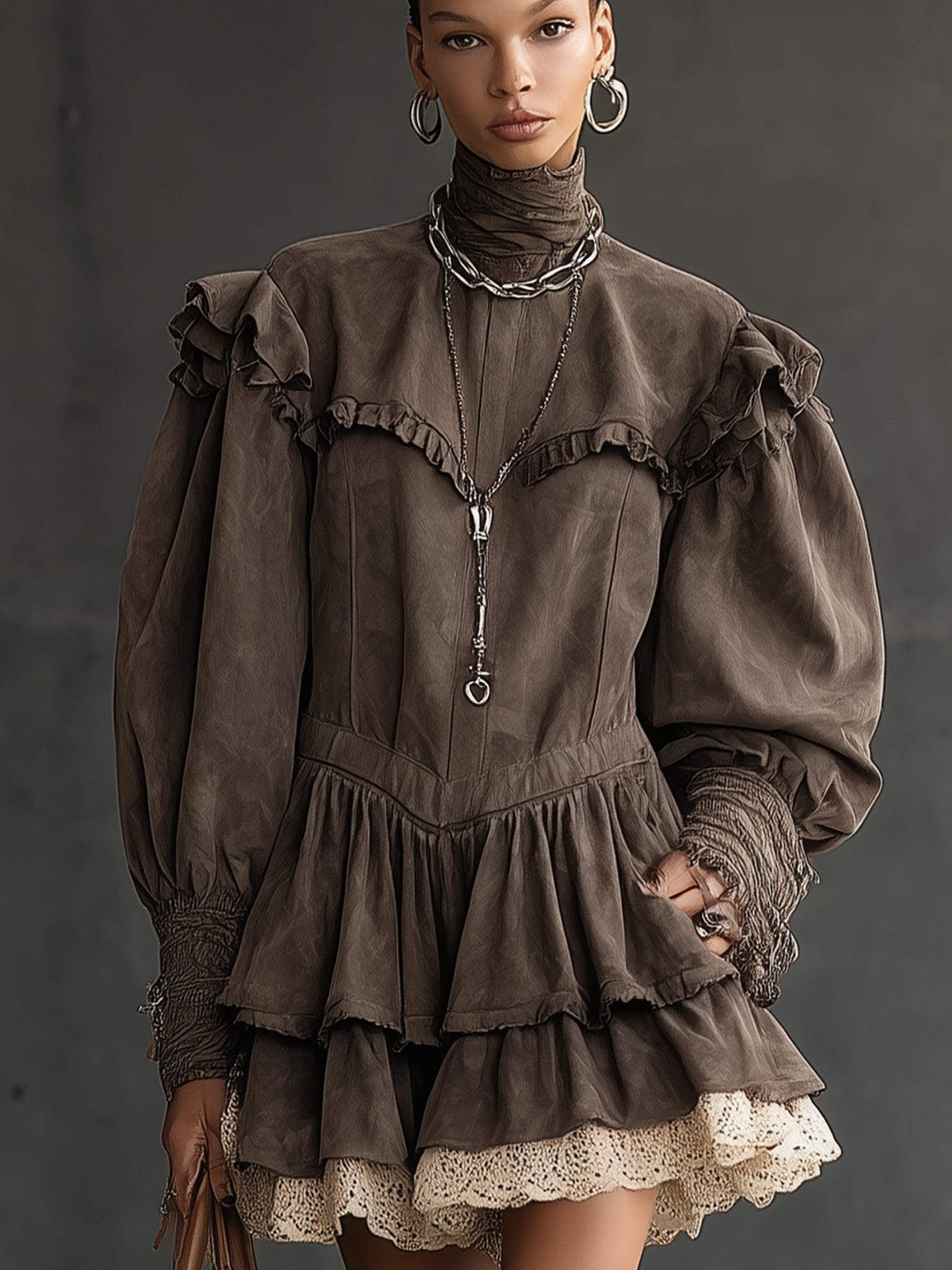 Vintage Brown Suede Ruffled Lace Hem Long Sleeve Mini Dress