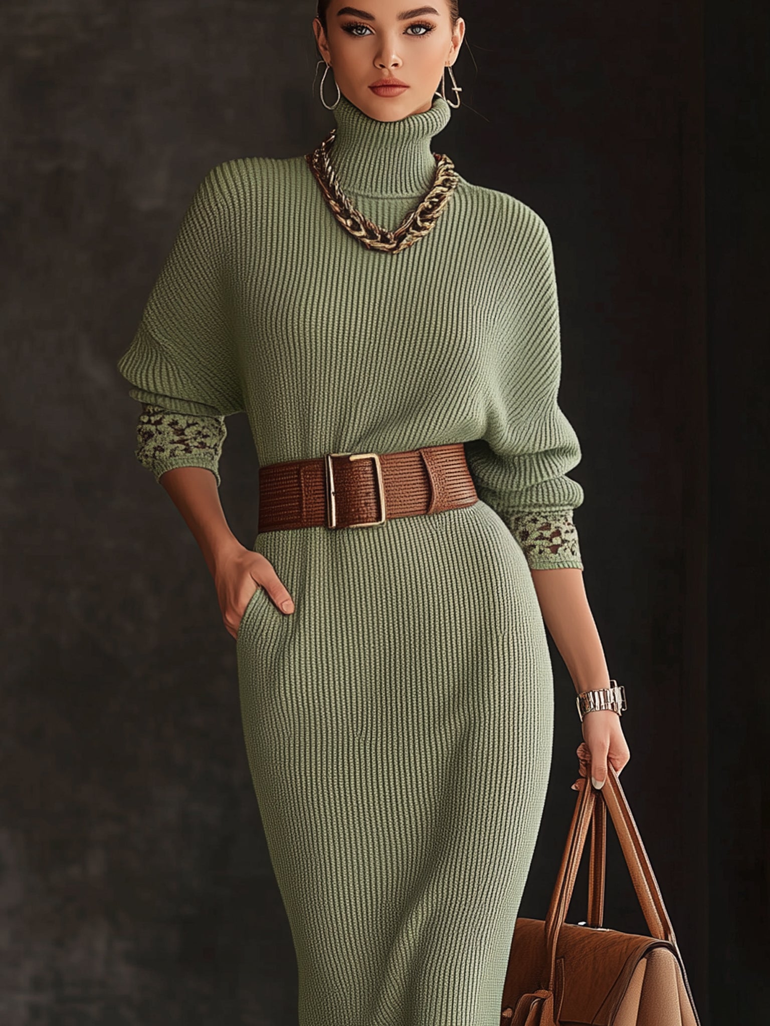 Sage Ribbed Knit Turtleneck Long Sleeve Midi Dress With Belt
