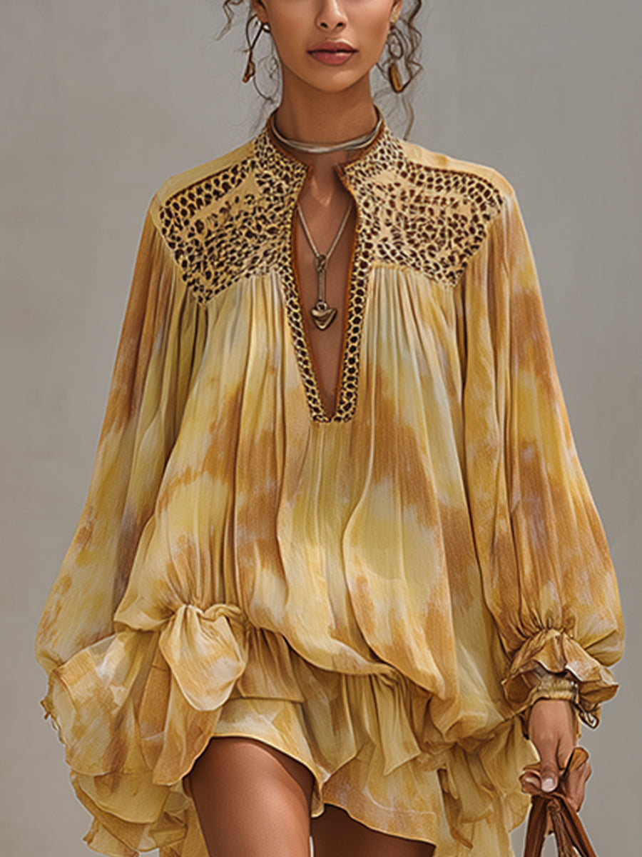 Yellow Tie Dye Embroidered Loose Long Sleeve Mini Dress