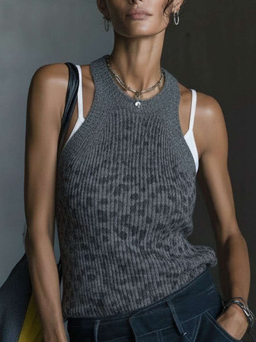 Gray Faux Two Piece Leopard Print Knit Tank