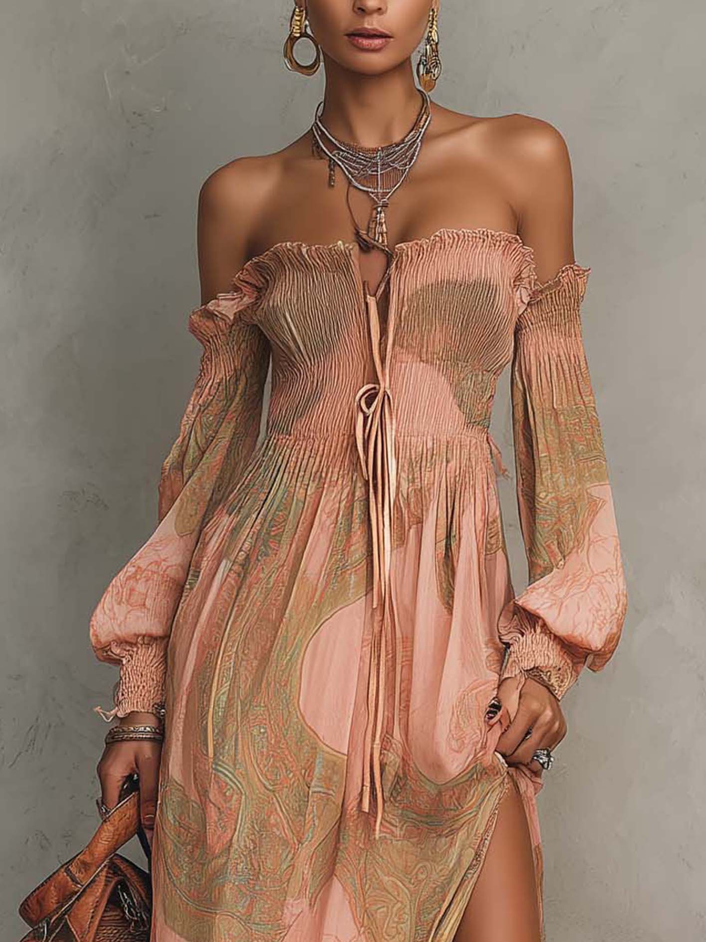 Pink Paisley Print Off Shoulder Chiffon Maxi Dress With Side Slit