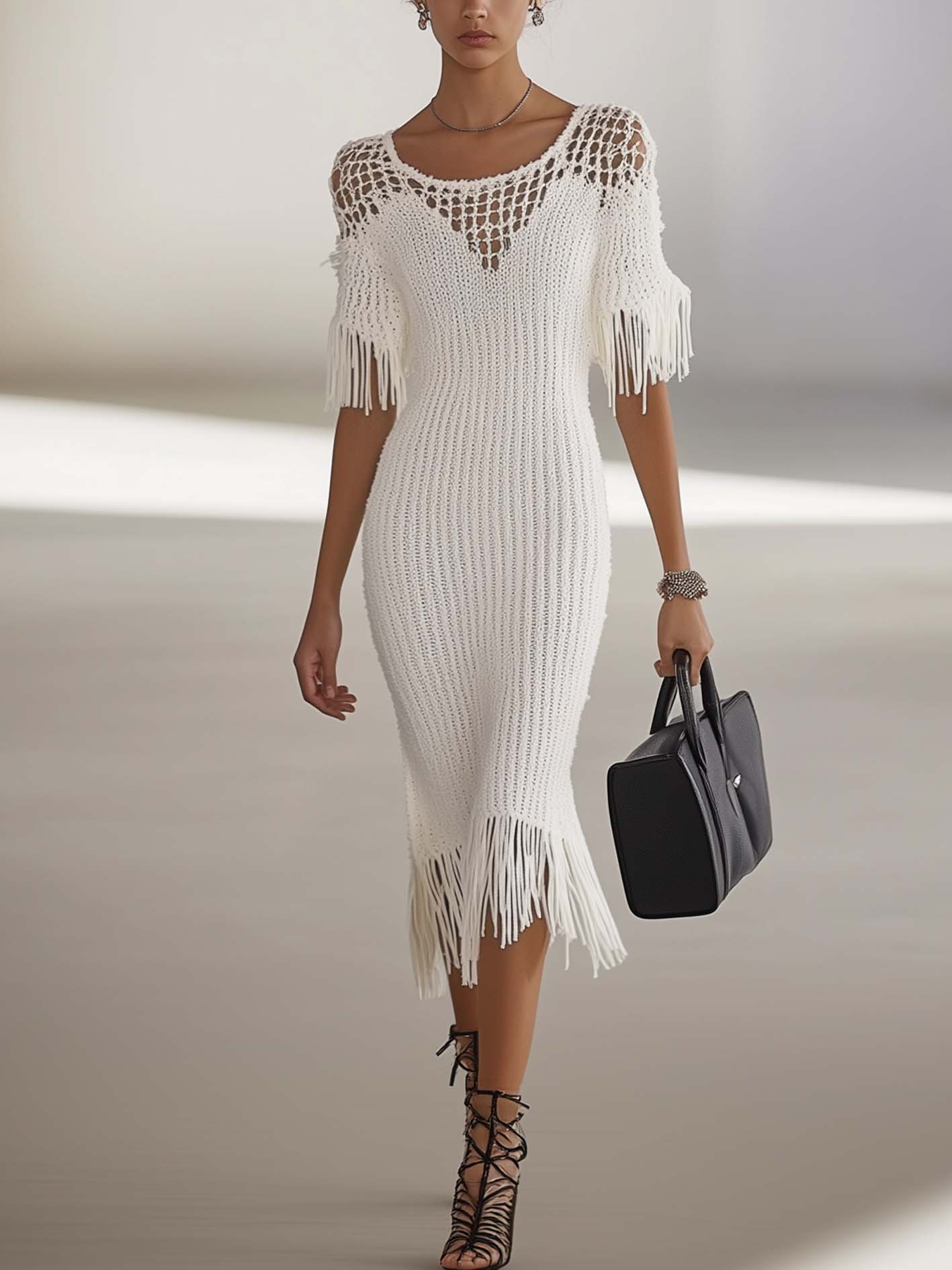 White Knitted Midi Bodycon Dress With Openwork Mesh And Tassels