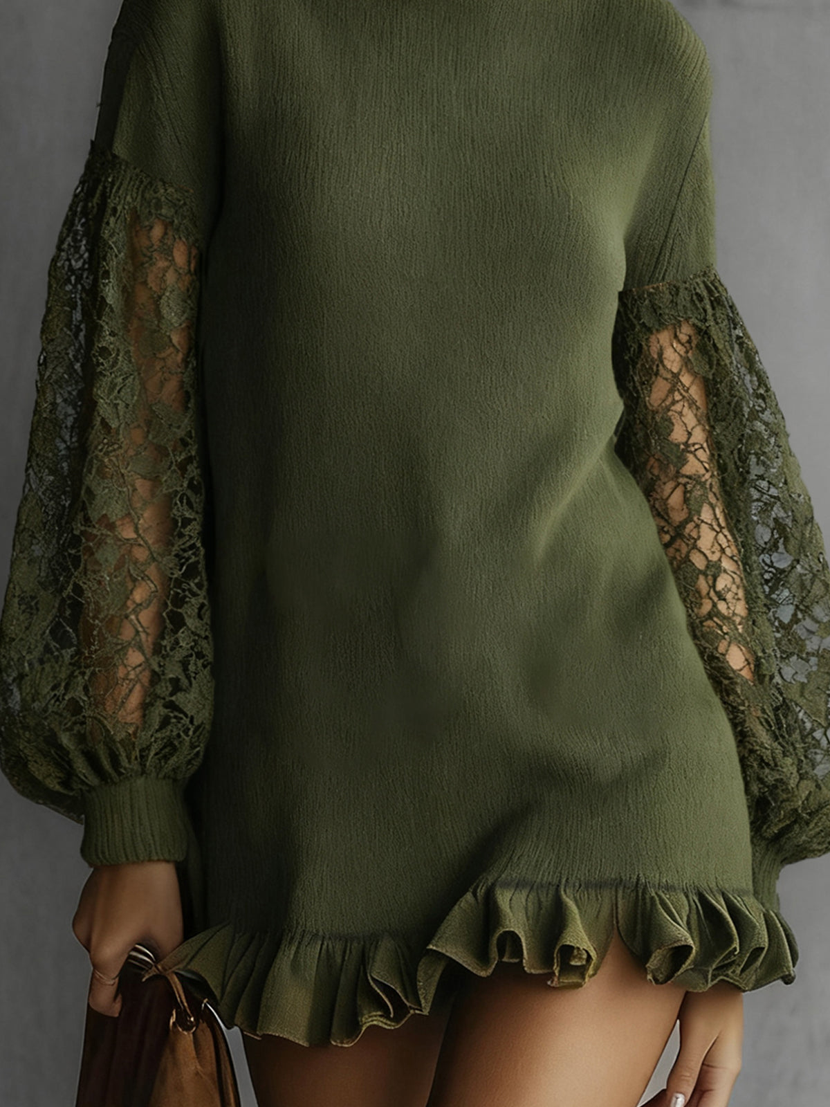 Olive Green Sweater Dress With Lace Sleeves And Ruffle Hem