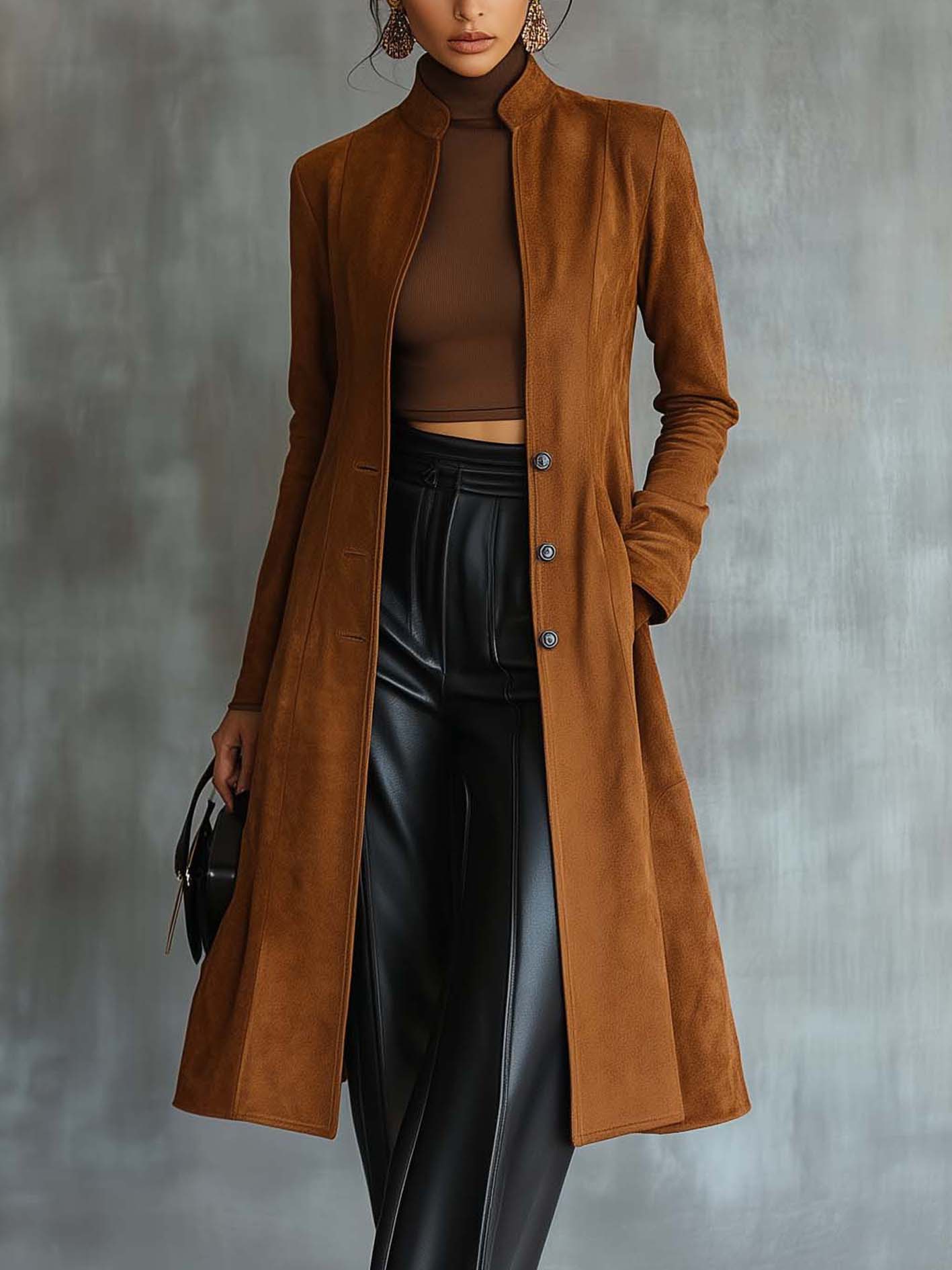 Brown Vintage Suede Coat With Stand-up Collar