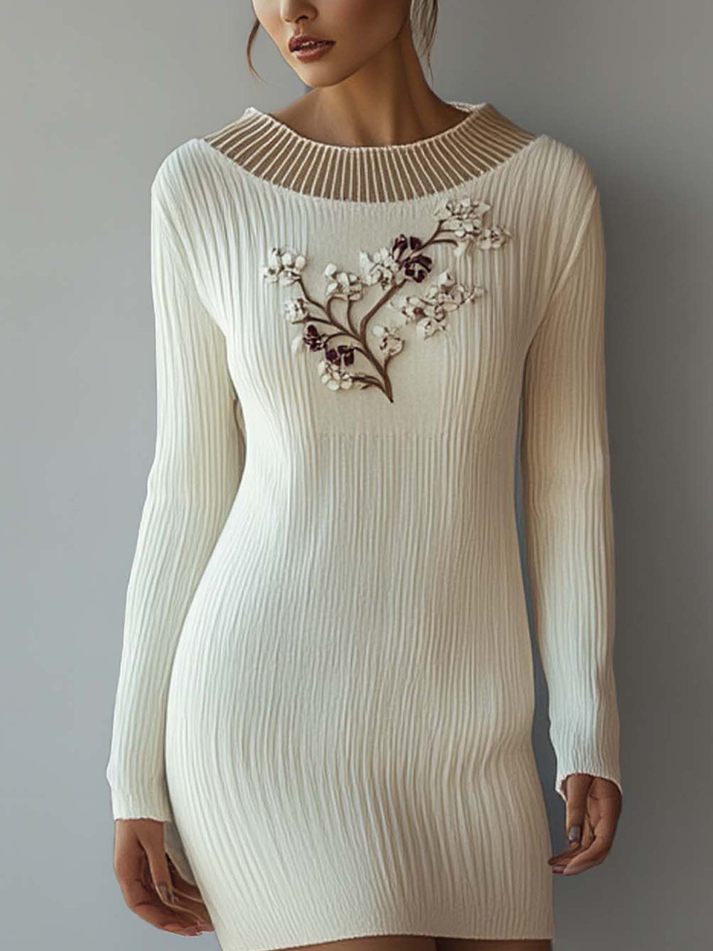 White Knitted Mini Dress With Embroidery And A Paneled Neckline