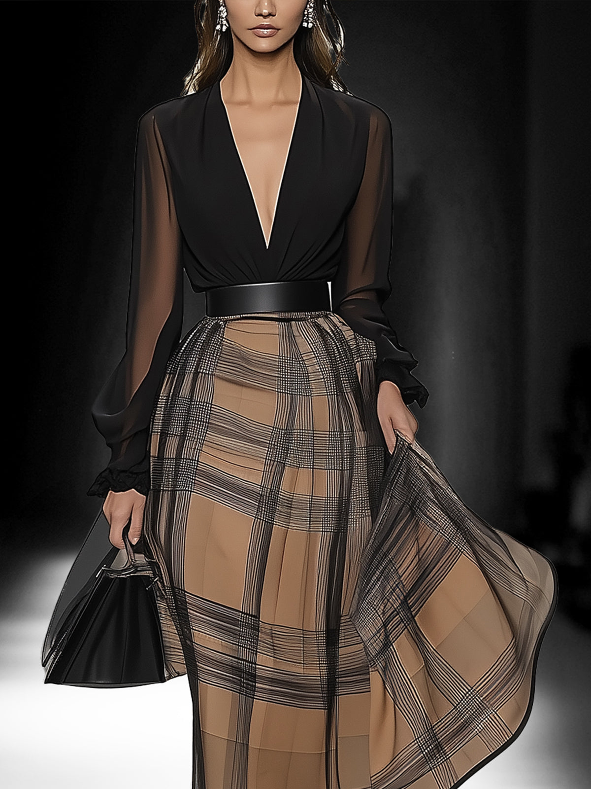 Black Sheer Top With Plaid Midi Dress