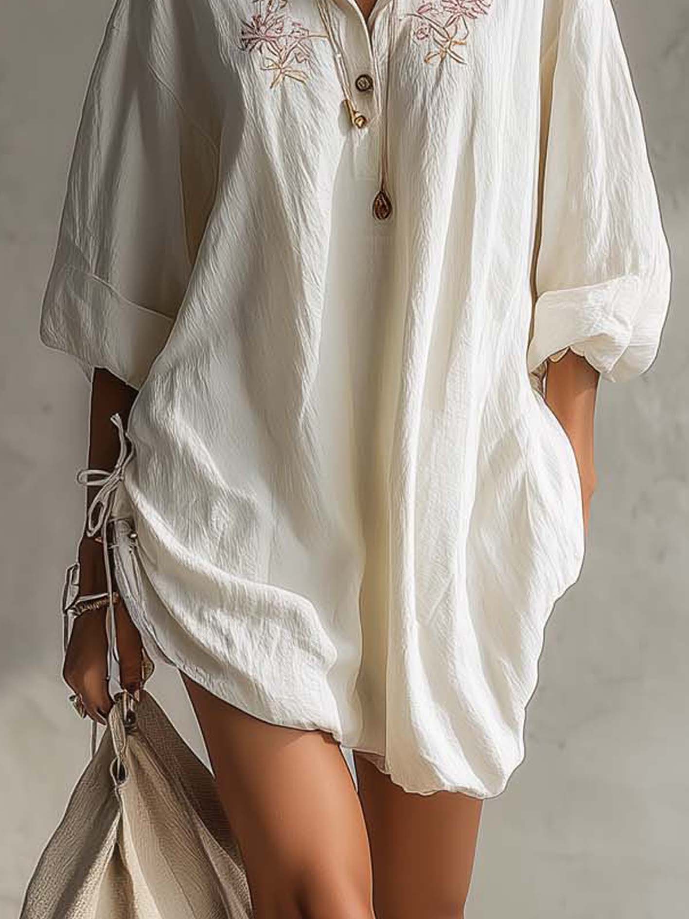 White Cotton Linen Embroidered Side Drawstring Mini Dress